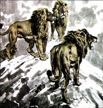 シュ・ベイホン・ジュ・ペオン Painting - 雪の上の徐北紅の古い墨のライオン